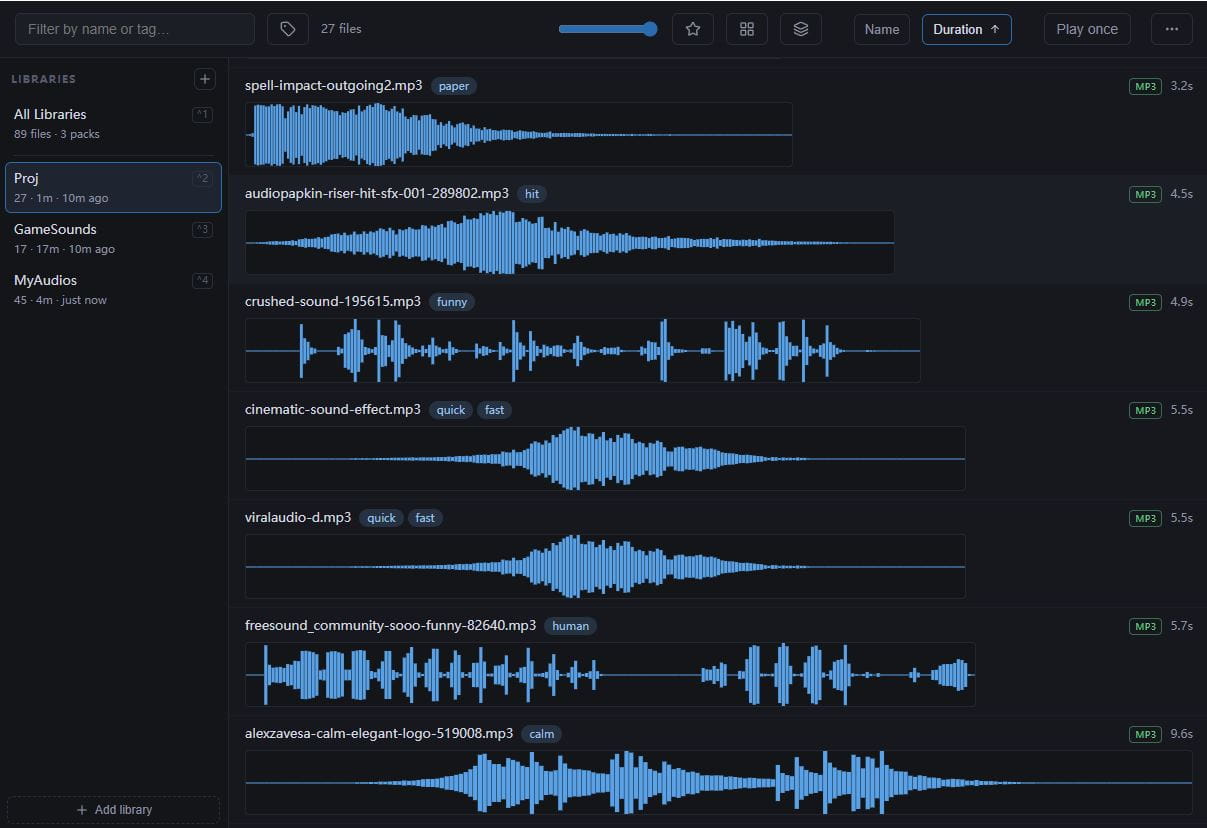 SoundSift 列表视图:每行有文件名、标签、格式、时长和蓝色波形