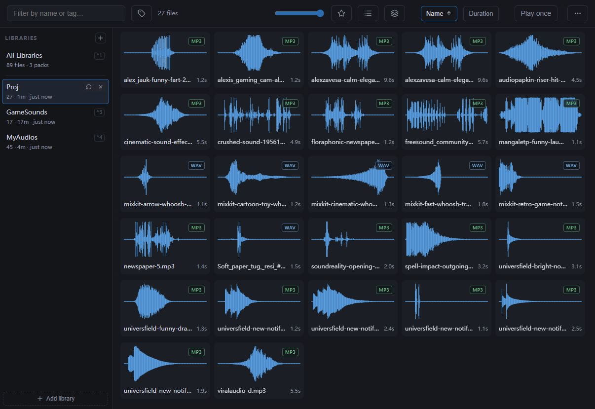 SoundSift 的概览界面,左侧为多个音频库,右侧展示可扫视的蓝色波形网格