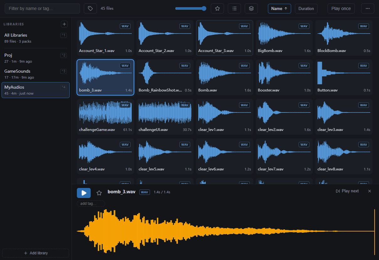 SoundSift 正在播放 bomb_3.wav,底部显示橙色的高细节波形和播放位置